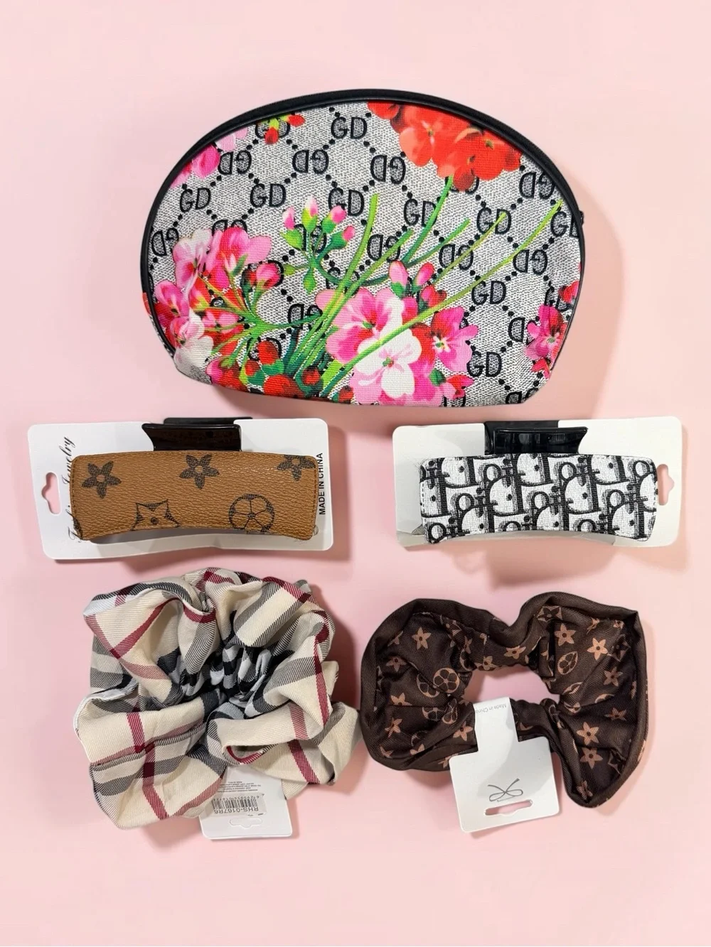 6 Pc Luxury Inspired Hair Accessories Bundle Clips Scrunchies + Cosmetic Bag